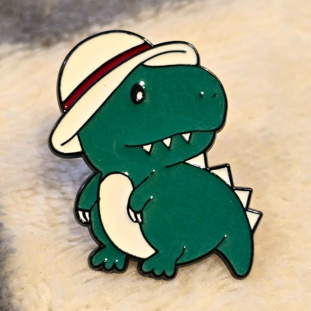 Green Dinosaur Cartoon Enamel Pinback Lapel Pin Wearing White Hat